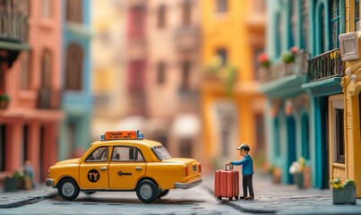 Toy taxi, man, luggage, miniature city.