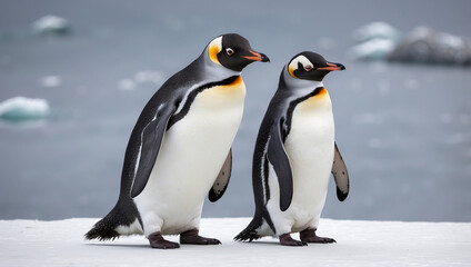 Two king penguins standing on a snowy surface with icebergs in the background.