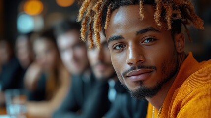 Obraz premium A young man with dreadlocks looks directly at the camera while sitting in a cafe with friends.