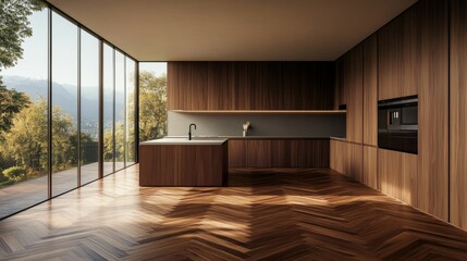 Fototapeta premium Modern kitchen with beautifully crafted walnut parquet flooring, sleek cabinets, and minimalist decor.