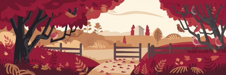 autumn landscape featuring trees and birds in a serene countryside