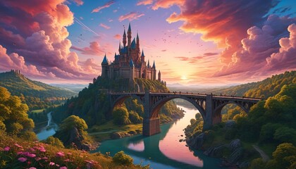 Fototapeta premium A fantasy landscape unfolds beneath a colorful sky, where a grand bridge adorned with mystical symbols leads to an enchanted castle in the distance, Generative AI