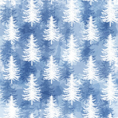 Obraz premium Christmas tree seamless pattern. Noel watercolor print, New Year winter decoration, silver and blue Christmas background with firs and white snow, wallpaper, wrapping paper design