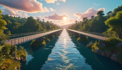 Fototapeta premium A floating bridge made of shimmering water stretches across the sky, leading to a hidden paradise filled with mythical creatures and lush landscapes, Generative AI