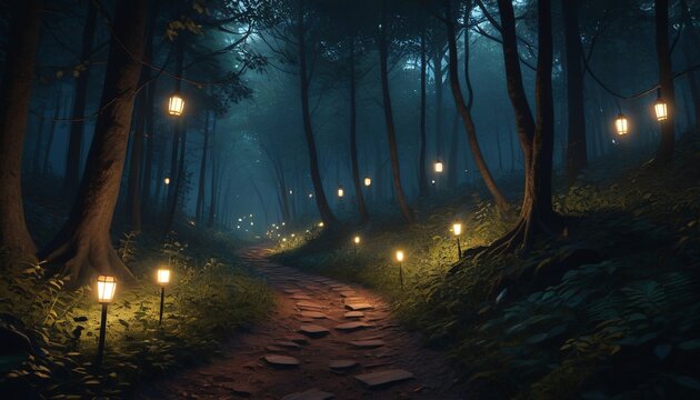 A shadowy pathway winds through a dark forest, illuminated by the soft glow of enchanted lanterns, inviting wanderers to explore its magical secrets, Generative AI