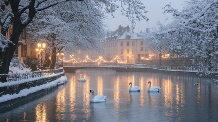Elegant swans gliding across a snowy river in Strasbourg, low-light scene with frosty reflections