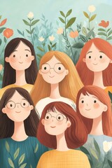 A colorful illustration depicts six smiling young women surrounded by flowers, showcasing diversity and friendship in a cheerful setting.