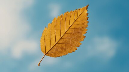 A golden leaf suspended against a clear blue sky, capturing the essence of autumn and nature's beauty.