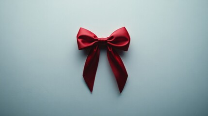 A single, perfectly tied red satin ribbon bow on a light gray background.