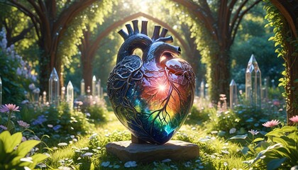 In the heart of the garden, ancient guardians made of crystal shimmer in the sunlight, preserving the tranquility and magic of this sacred space, Generative AI