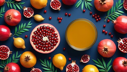 A colorful Rosh Hashanah background featuring pomegranates and honey, symbolizing the hope for a sweet and fruitful year ahead in Jewish tradition, Generative AI