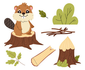Beaver. A cute rodent on a stump. Flat illustration of animal and its habitat on white background.  © miss LEMON