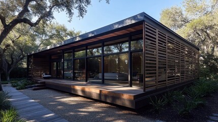 Fototapeta premium Horizontal lap siding shines in the late afternoon sun, bringing warmth and character to the charming rustic house