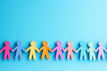 Colorful Paper People Holding Hands on Blue Background
