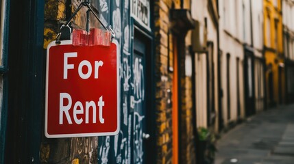 Bright Red For Rent Sign in Urban Setting