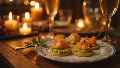 Delicate Shrimp and Avocado Canapes in Intimate Candlelit Atmosphere