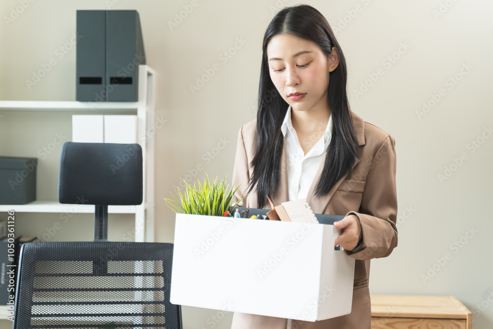 Wall mural unemployment ,jobless crisis, worker layoff concept, close-up of young businessman pack stuff off th