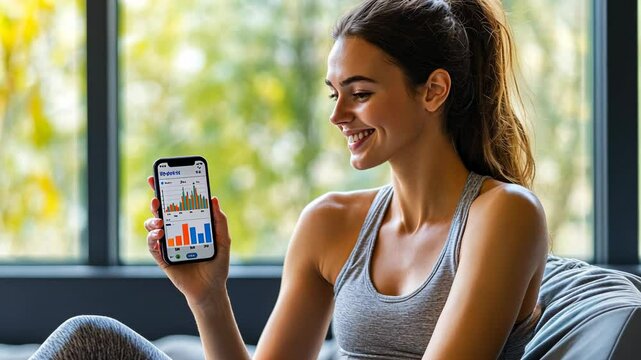 A woman in workout clothes checks her fitness progress on her phone, smiling at her results