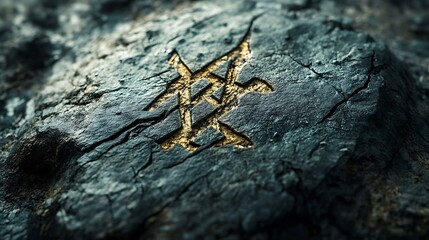 A close-up of a unique ancient rune carved into aged rock, highlighted by shadows on a textured backdrop