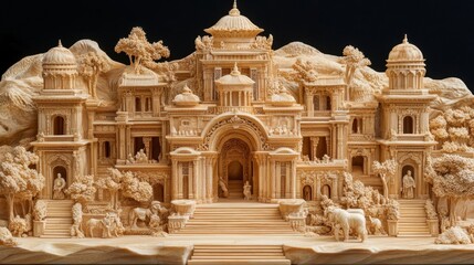 Fototapeta premium Intricately carved golden temple facades stand majestic against Jerusalem hills, capturing the grandeur of ancient times