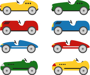 Fototapeta premium Vector retro race cars isolated on white background. Vintage race cars, flat cartoon design