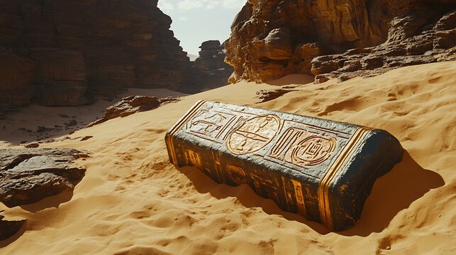 A relic with mysterious symbols, partially buried in sand, against a rugged desert backdrop