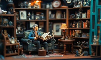 Obraz premium Man reading book in miniature antique shop.