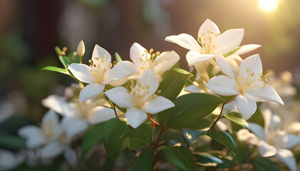 Obraz premium 3D image of jasmine flowers on a table, with soft petal details and pure white color. The light makes the image look bright.