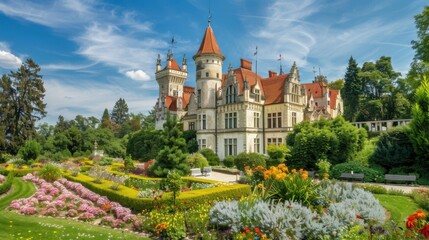 A historic European castle surrounded by blooming gardens, romantic setting with classical architecture, Romantic style