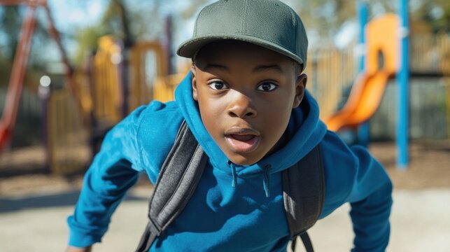 A young boy joyfully sprints through a colorful playground, showcasing his sporty cap