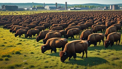 Fototapeta premium A herd of bison grazing near an industrial area, representing the challenges faced by wildlife due to habitat fragmentation and industrial development, Generative AI