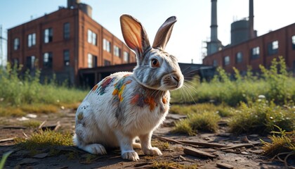 A rabbit covered in chemical residue near an abandoned factory, illustrating the health risks posed to wildlife by industrial pollution, Generative AI