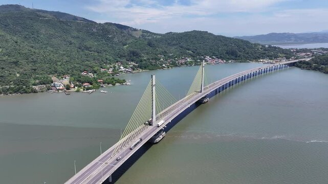 Anita Garibaldi Bridge At Laguna In Santa Catarina Brazil. Cable Bridge Landscape. Freeway Road. Seascape Background. Anita Garibaldi Bridge At Laguna In Santa Catarina Brazil. Winding Bridge. 