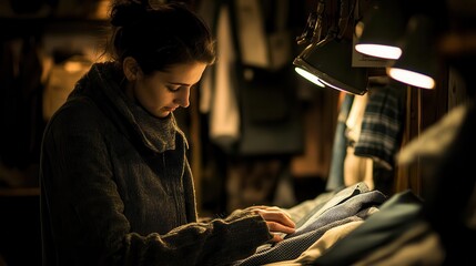 customer carefully examining a second-hand coat for quality, illuminated by soft lighting, emphasizing the textures and patterns of the fabric, set against a minimalist retail environment