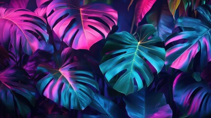 dark green tropical leaves beautifully illuminated by colorful neon lights, creating a striking composition that highlights the lushness and vibrancy of the plant world