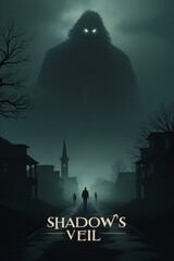 A mysterious horror movie poster mockup titled Shadow's Veil featuring a cloaked figure standing in front of an old, eerie house at night. The poster includes copyspace for credits