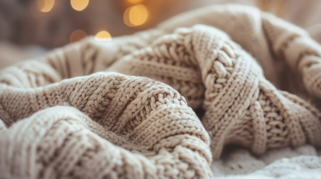 Beigefarbener Strickpullover mit Zopfmuster in gem&uuml;tlicher Atmosph&auml;re.