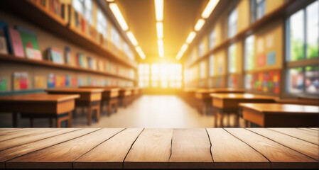 Wooden platform in a blurred library or school setting; ideal for book launches or educational campaigns.