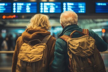 Fototapeta premium Couple with Backpacks Facing Departure Board at Airport