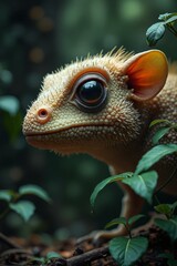 Fototapeta premium A small, squirrel-like fantasy creature with bushy fur, peeking out from behind a tree, with a curious expression on its face.