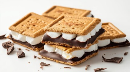 delicious s'mores arranged beautifully on a pristine white background, showcasing the classic treat of toasted marshmallows and melted chocolate