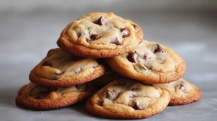 delicious, freshly baked chocolate chip cookies arranged artistically, showcasing their soft texture and gooey chocolate against a simple backdrop