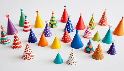 A bright and cheerful array of polymer clay party hats on a white background, perfect for any festive occasion, Generative AI