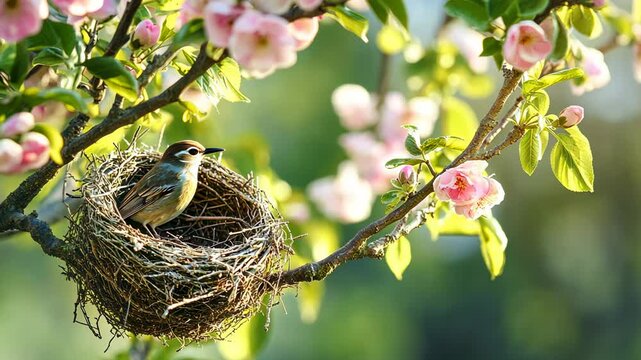 Colorful bird in nest among blossoming branches in springtime