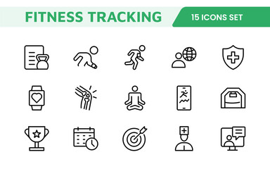 Health Tracking Icon Set. Clean and modern icons for fitness, wellness, and medical apps, perfect for tracking workouts, nutrition, vitals, and overall well-being in a user-friendly way.