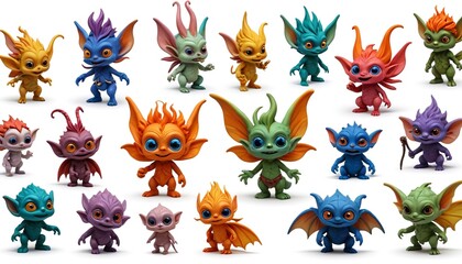 Obraz premium A playful set of colorful polymer clay fantasy creatures, like fairies and goblins, placed on a white background, inviting imagination and creativity, Generative AI