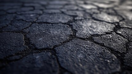 detailed close-up of textured dark asphalt road, showcasing the rugged surface with subtle highlights and shadows, perfect for urban-themed backgrounds and designs
