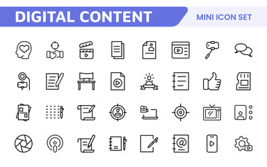 Content Creation Icon Set. Creative and versatile icons for bloggers, vloggers, and digital creators, perfect for enhancing editing tools, social media apps, and multimedia projects.