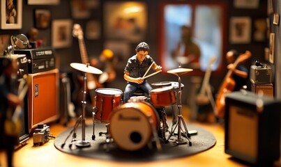 Fototapeta premium Miniature drummer playing a drum set.