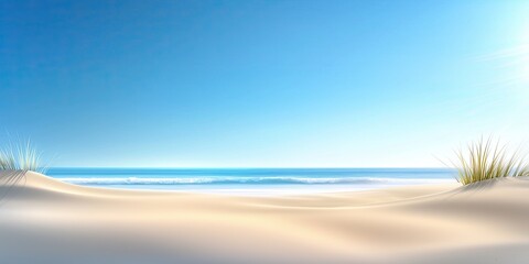 A sandy 2025 beach with dunes in the foreground, soft waves in the distance, and a clear, cloudless sky overhead, creating a tranquil atmosphere.